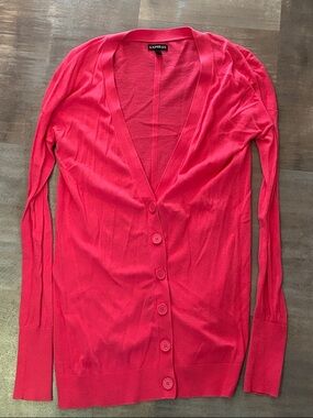 Express Women's Bright Pink Button-Front V-Neck Cardigan